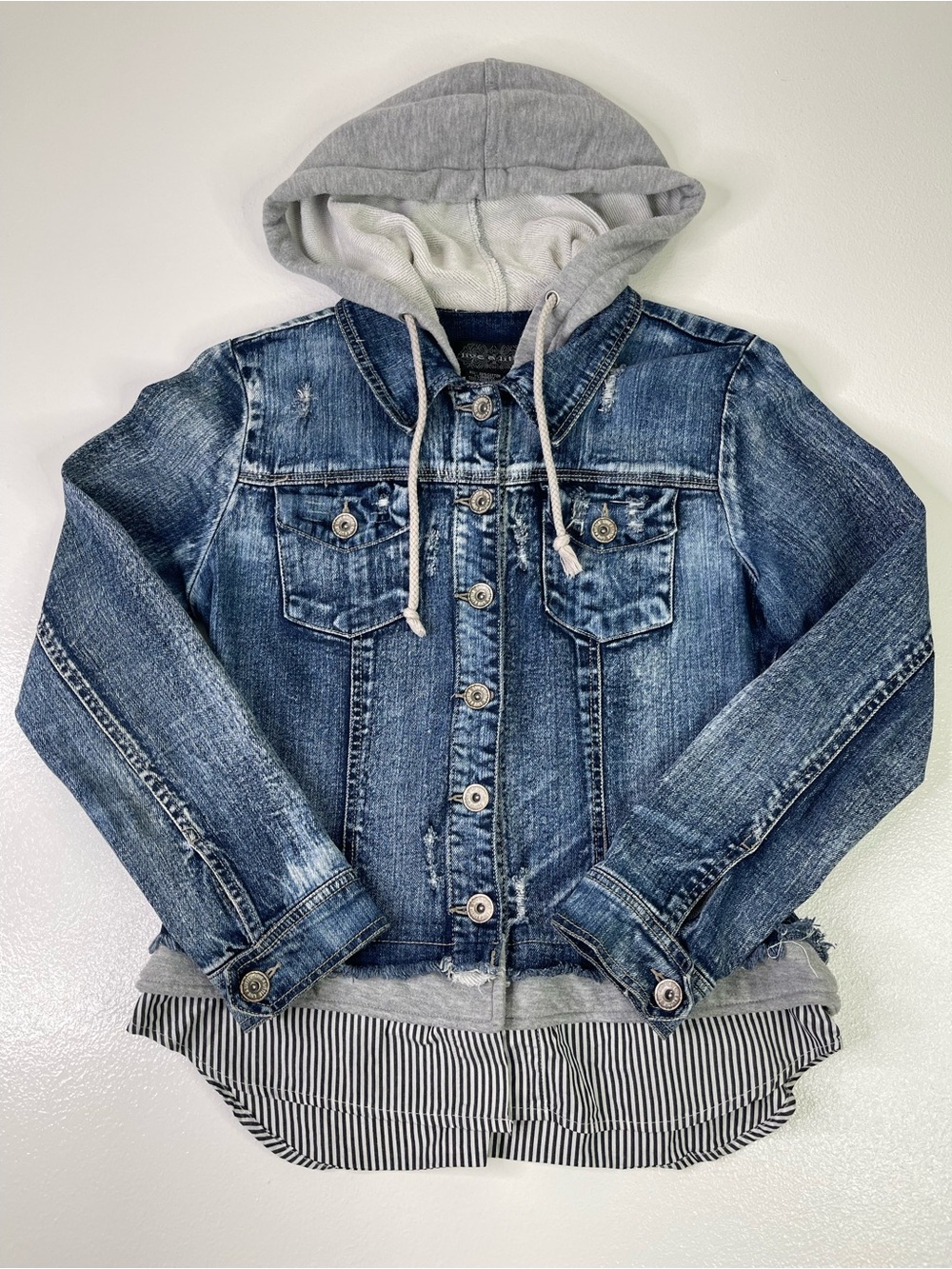 Live a Little Distressed Layered Denim Jacket Gray Hoodie Striped Hem Small